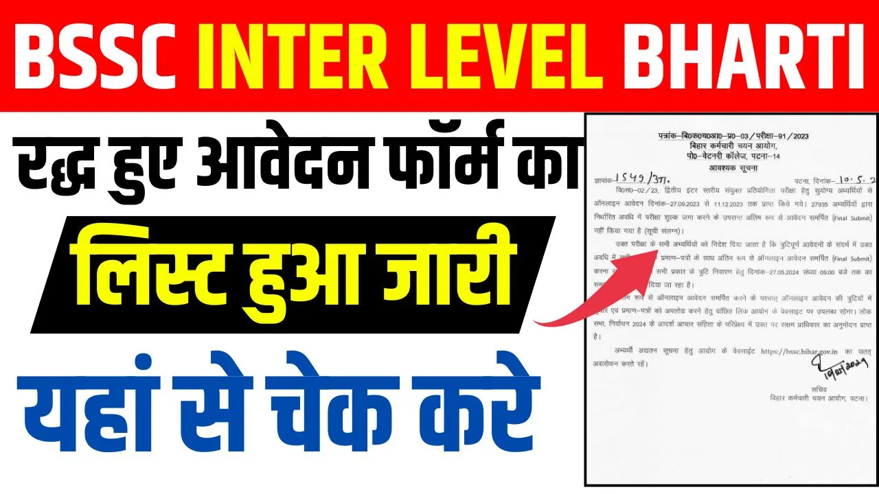 Bihar SSC Inter Level Form Rejected List 2024